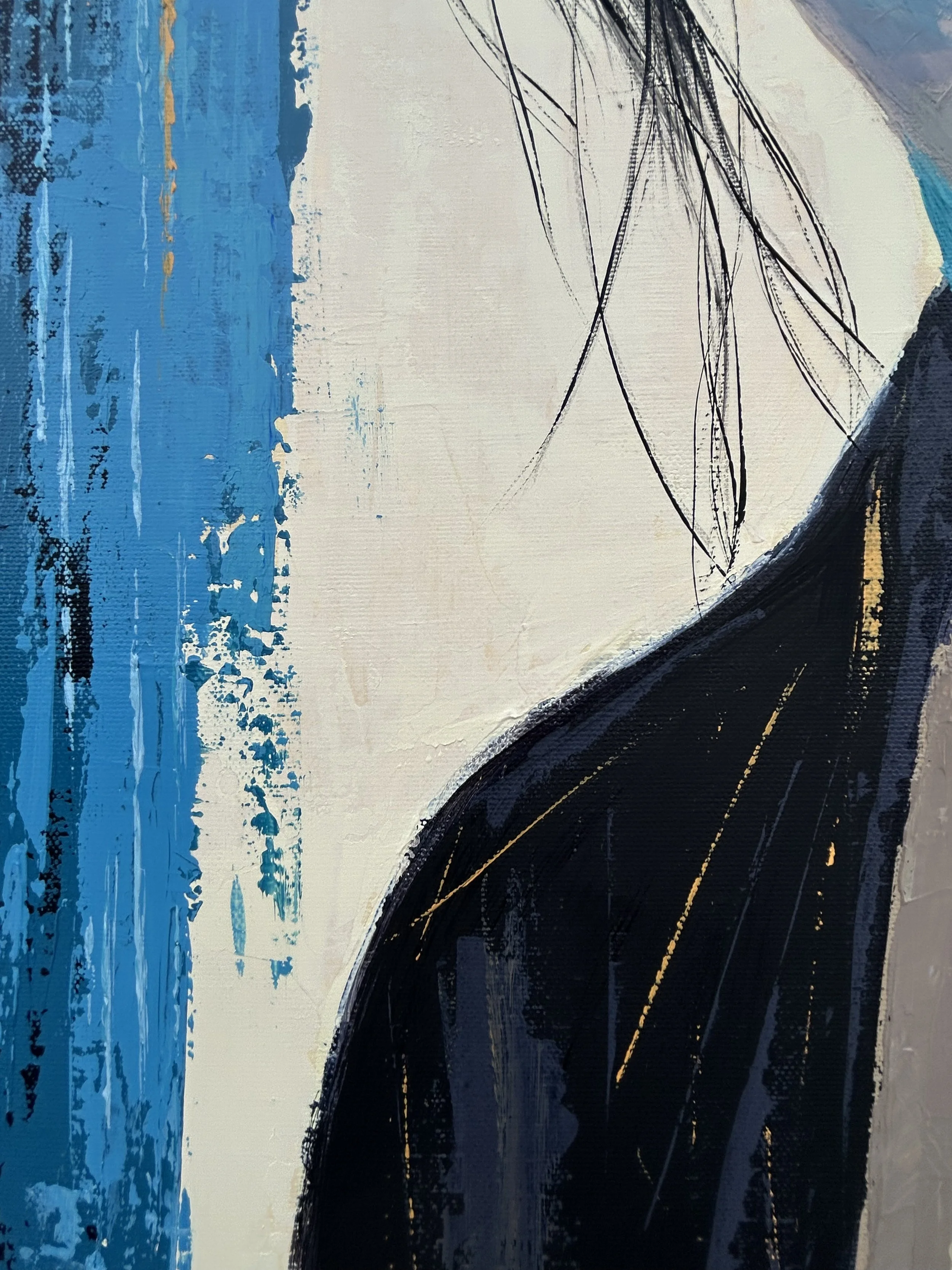 Close-up of Black Current showing blue and cream vertical paint marks beside the black jacket, with visible acrylic brush texture.