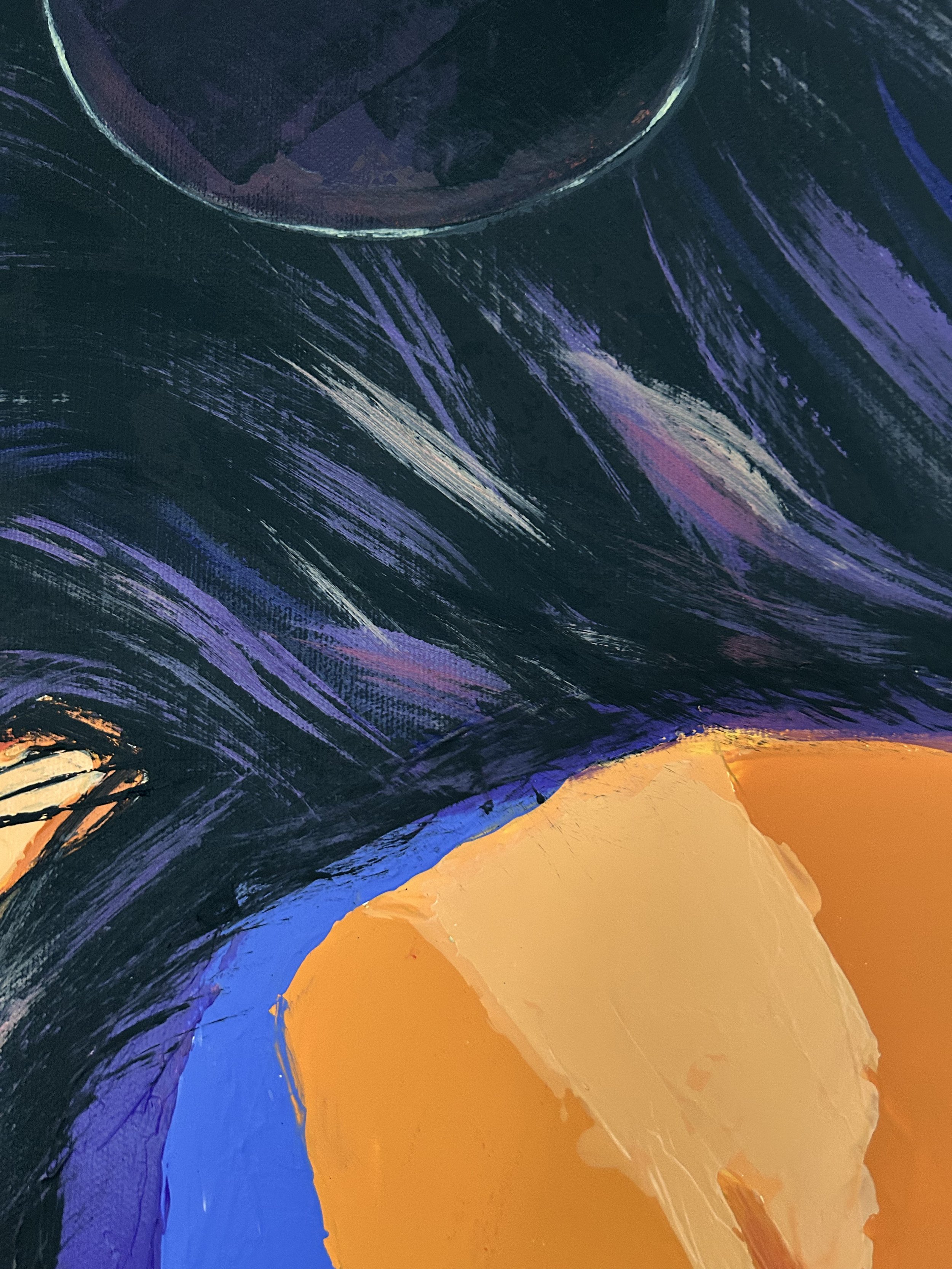 Close-up of Orange Static showing dark violet hair, part of the raised hand and shoulder painted with orange, yellow and blue acrylic strokes.