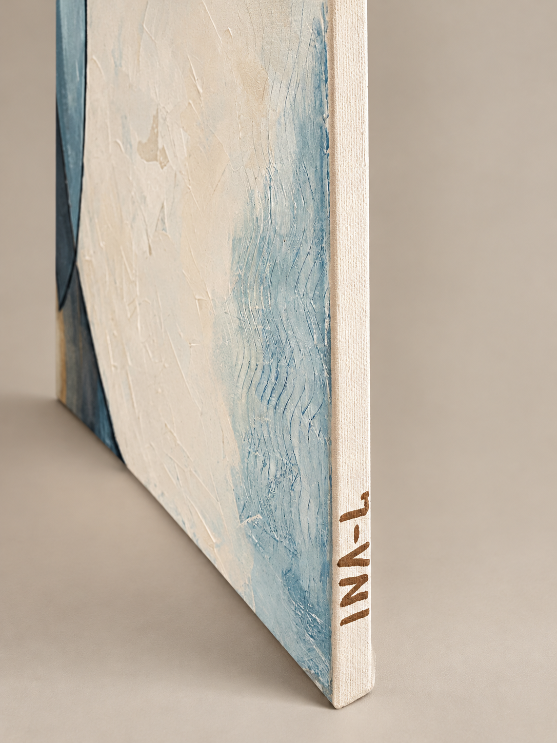 Side view of Fragments of Silence, an original acrylic painting on gallery-wrapped canvas, showing the painted edge and artist’s signature.