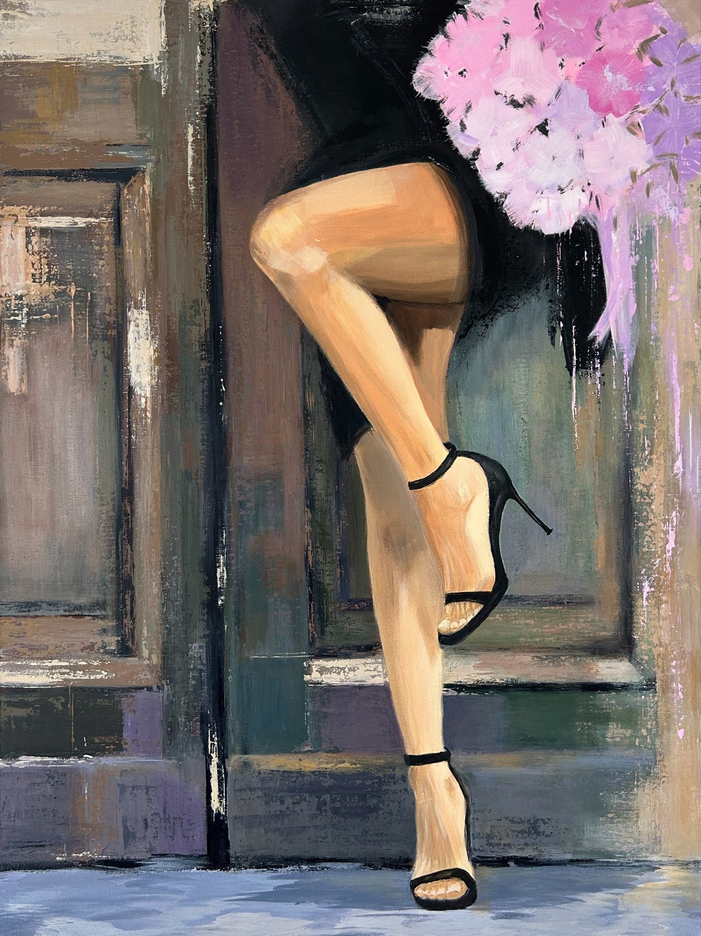 Figurative acrylic painting Held Bloom by Inesa Levnell, showing crossed female legs in black heels with pink and lilac flowers against a muted layered background.