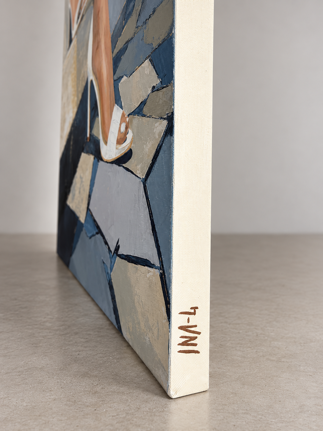 Side view of Downward Shift, an original acrylic painting on gallery-wrapped canvas, showing the painted edge and artist’s signature.