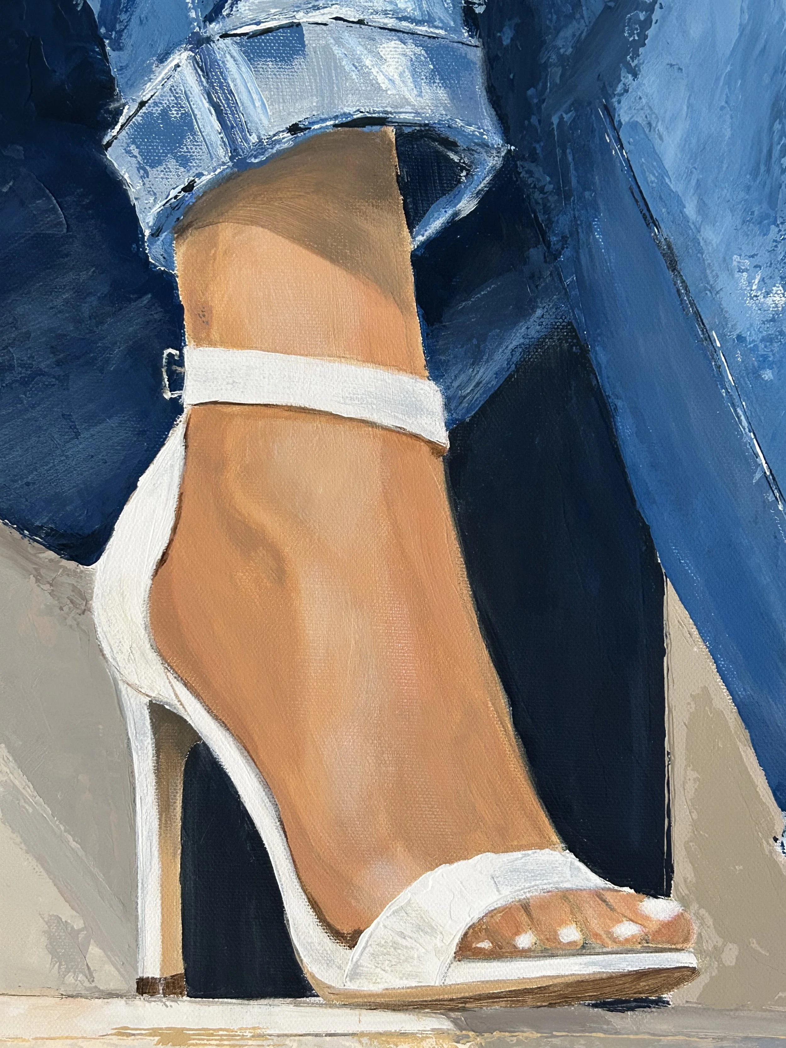 Close-up detail of Downward Shift, showing a woman’s foot in a white high heel painted with visible acrylic brushwork and texture.