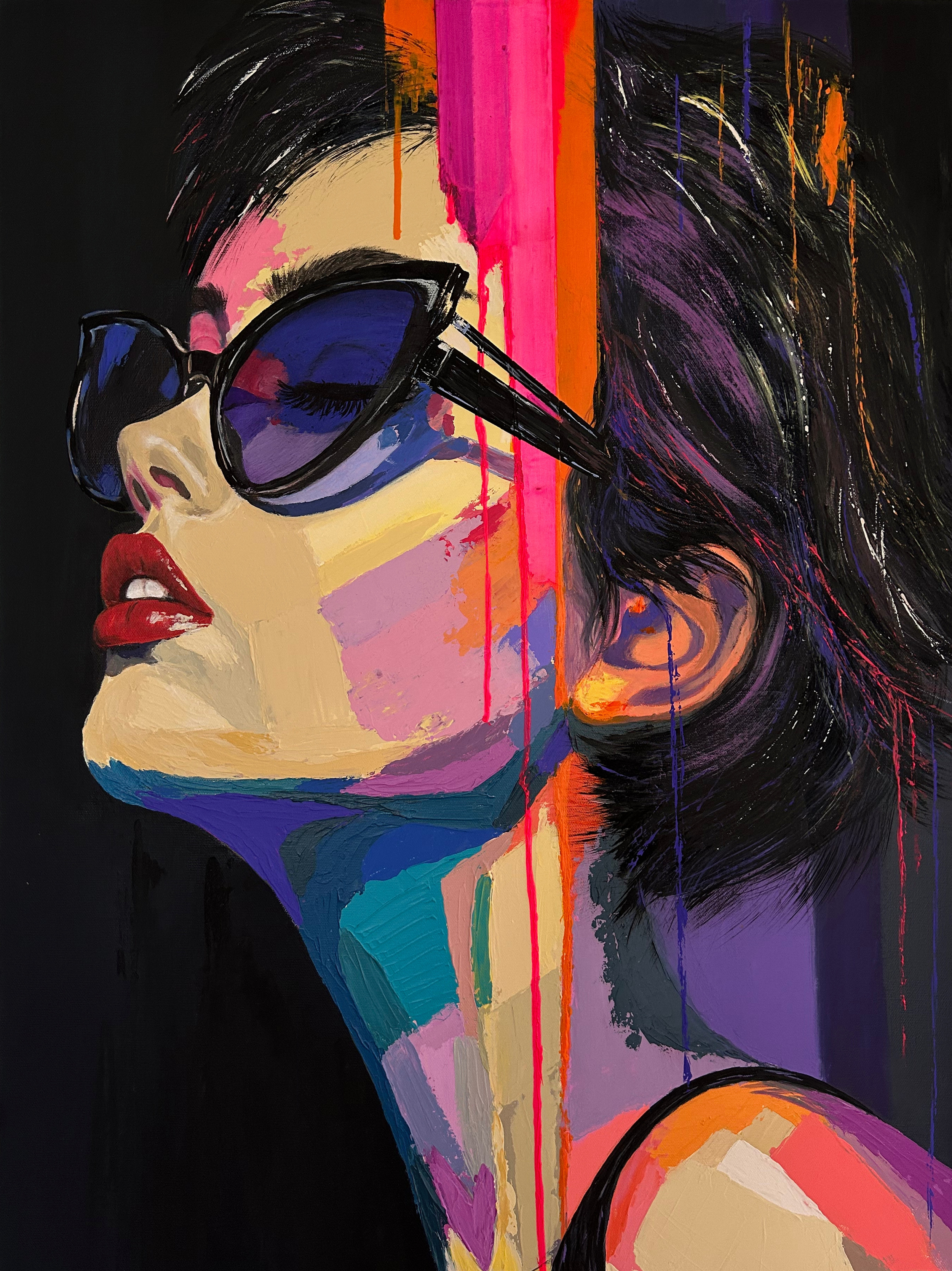 Rose Signal, a vertical acrylic portrait of a dark-haired woman in oversized sunglasses, painted with bold pink, orange, violet, blue and beige colour planes and vertical paint drips.