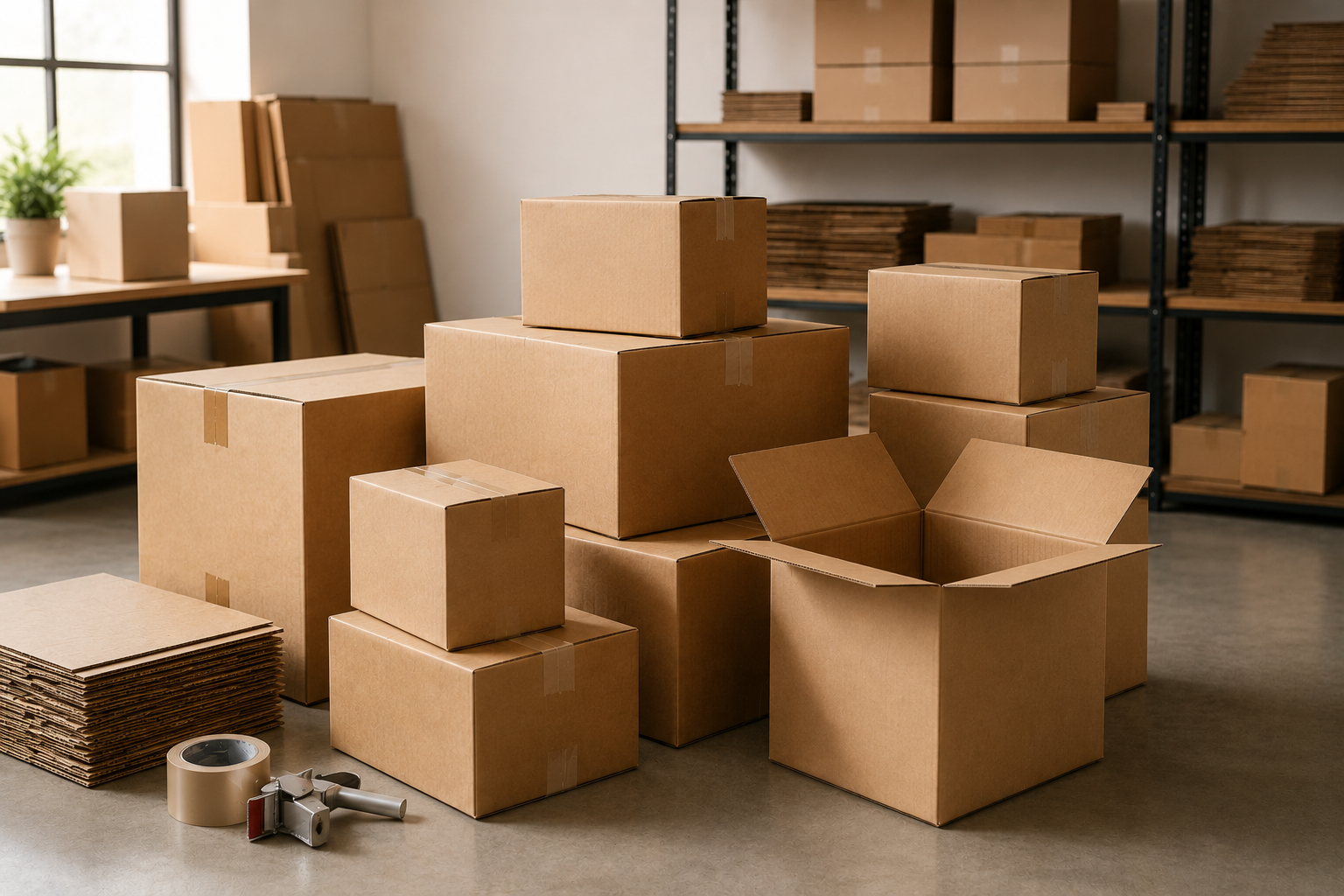A room with cardboard boxes stacked on the floor and on shelves, surrounded by packing tape, a tape dispenser, and packing tools.