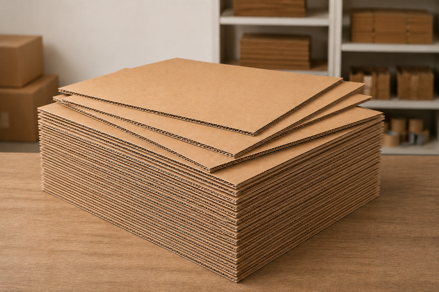 Stack of flattened cardboard boxes on a wooden table in a warehouse or packaging area.