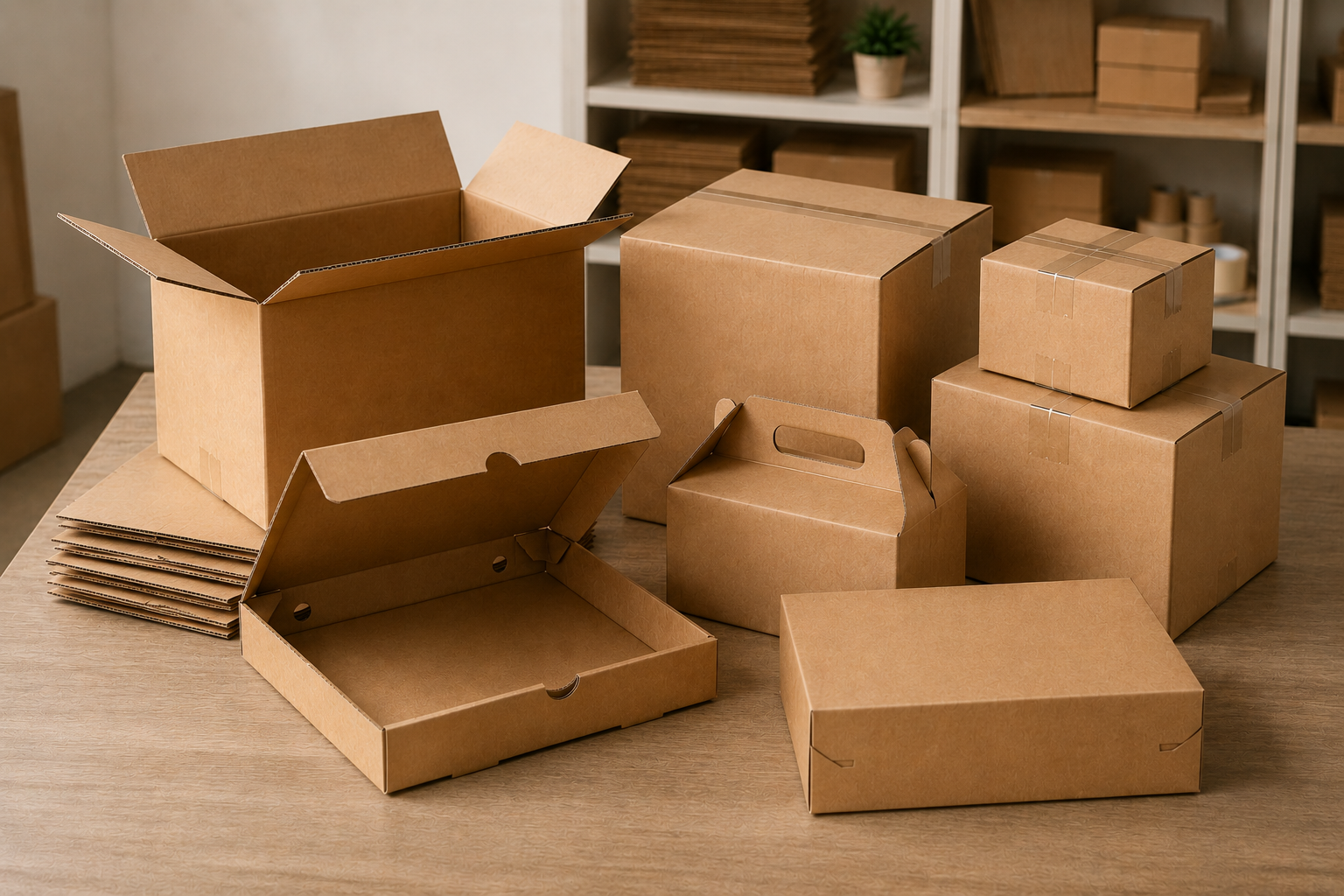 Several blank cardboard boxes, some opened and some closed, on a wooden table, with shelves of similar boxes and storage items in the background.
