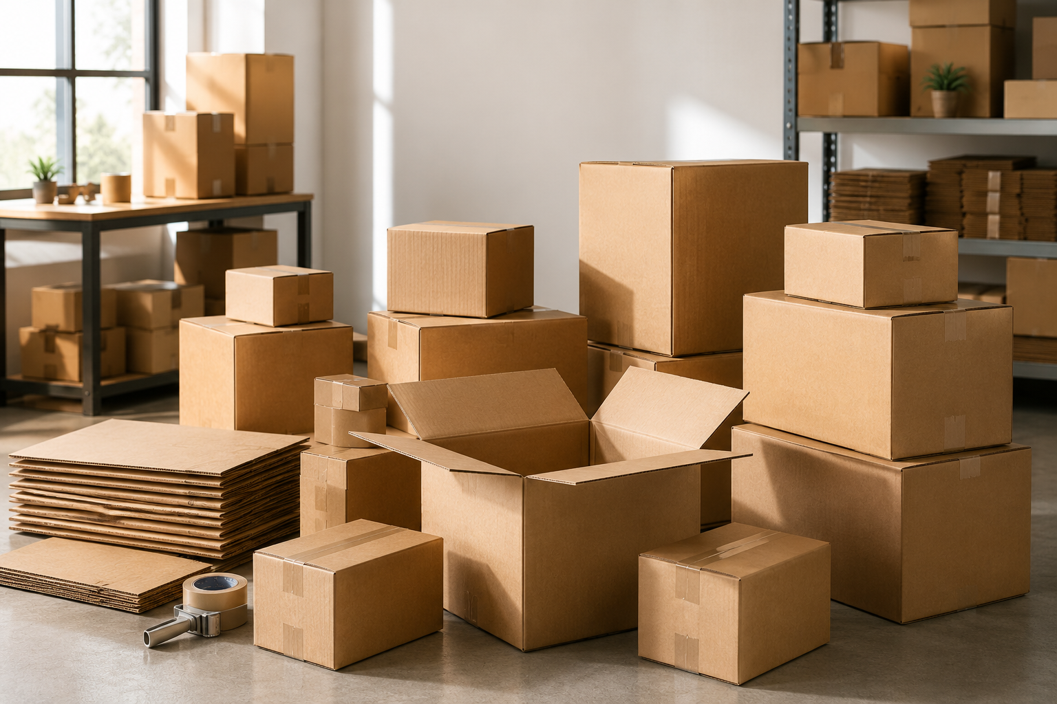 A room filled with stacked cardboard boxes, some open and others sealed, in front of shelves and a window with natural light.