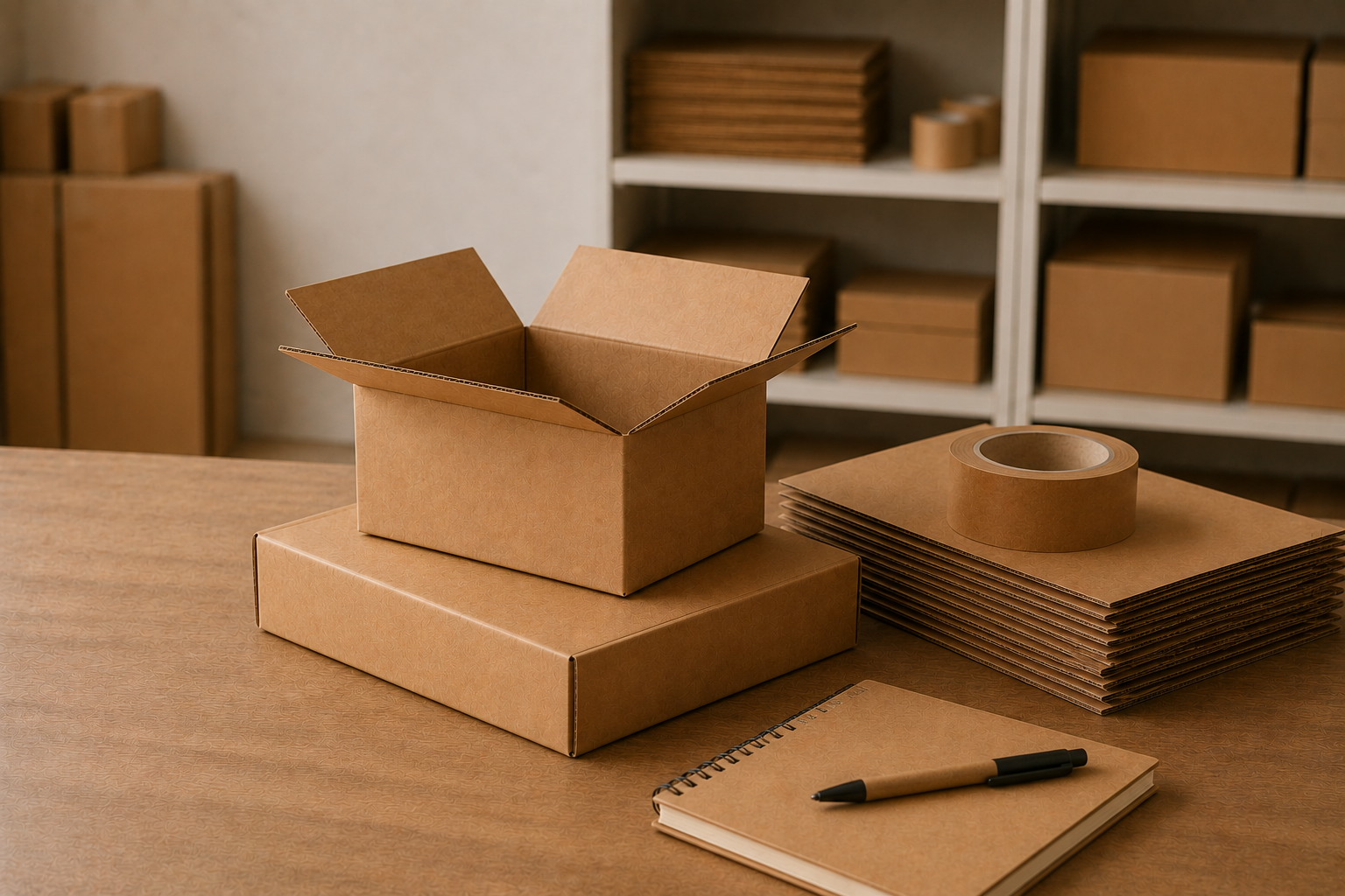 Open cardboard box on a worktable surrounded by packing materials, including tape, paper, a notepad, and a pen. Shelves with more boxes are in the background.