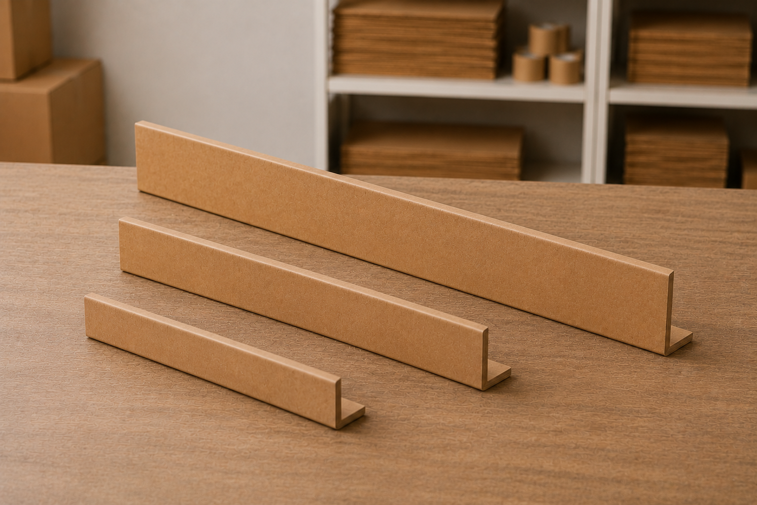 Three cardboard furniture edge protectors on a light oak wood table with shelves of stacked cardboard or wood in the background.