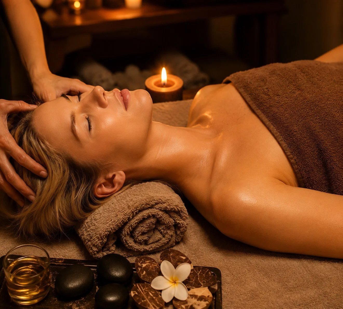 A woman receiving a massage or healing treatment on her head while lying on a massage table, with a practitioner working on her head with a focused expression.