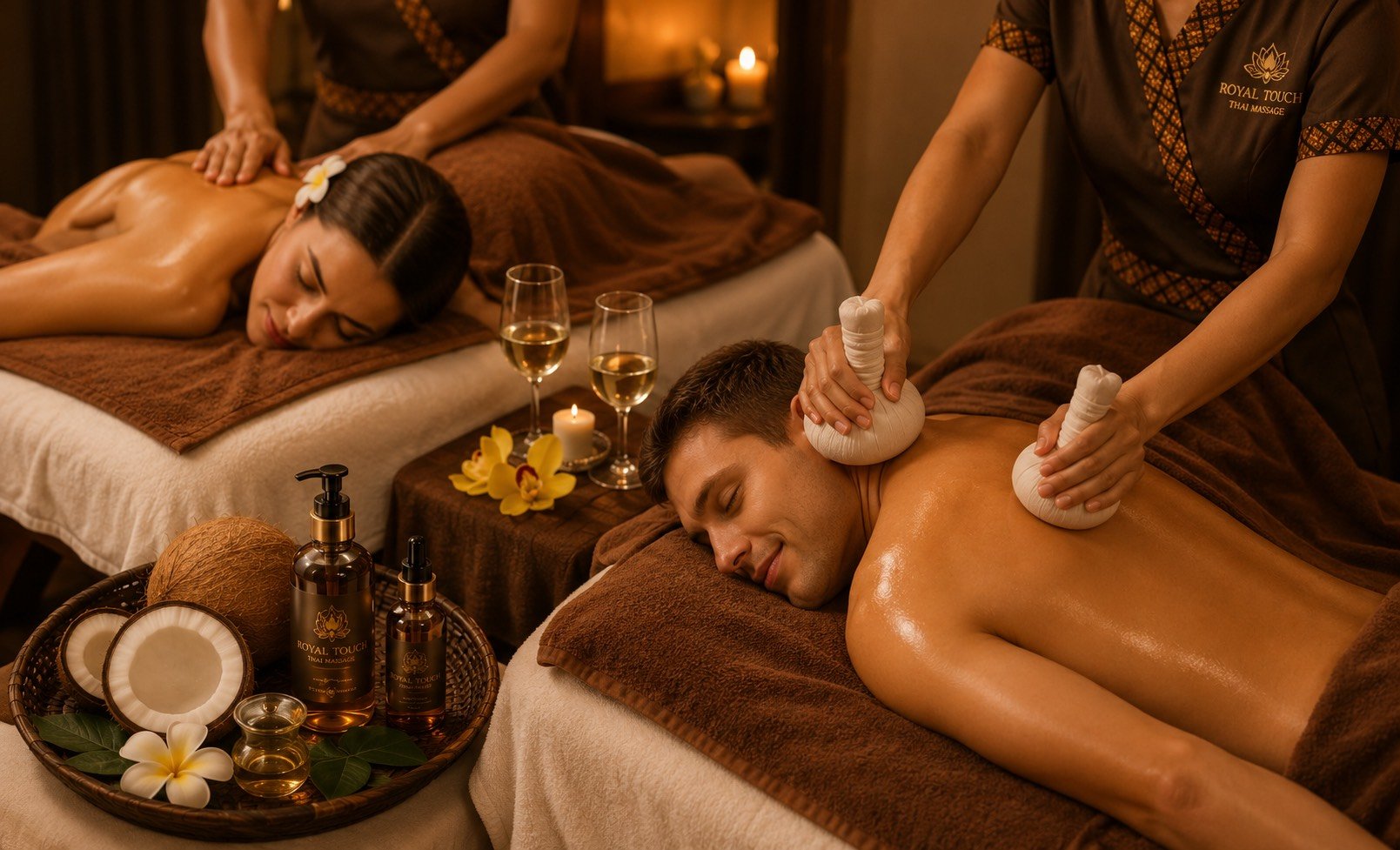 Person receiving a back massage in a spa or massage therapy setting with coconut and cream on a nearby table.