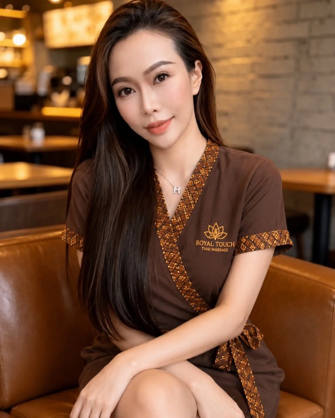 A young woman with shoulder-length hair and hoop earrings sitting on a beige sofa, wearing a dark brown uniform with gold patterns and the logo 'Royal Touch Thai Massage.' She is in a well-lit room with a lamp, artwork, and greenery in the background.