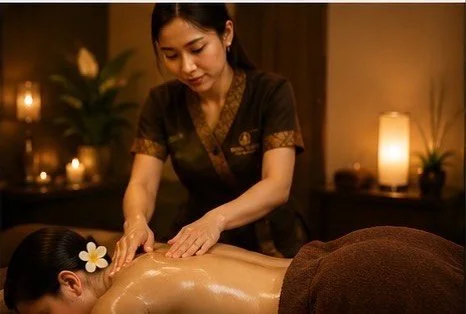 A woman receiving a massage while lying on a massage table, with oil being poured on her back from a bowl by a massage therapist in a spa setting.