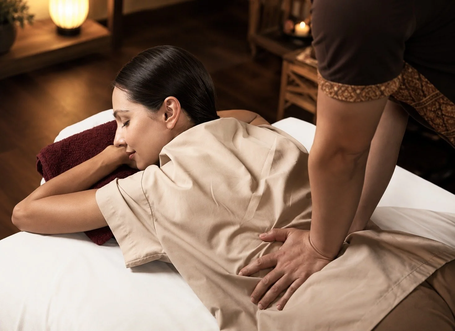 A massage therapist giving a massage to a man lying face down on a massage table in a well-lit room with wooden decor and potted plants.