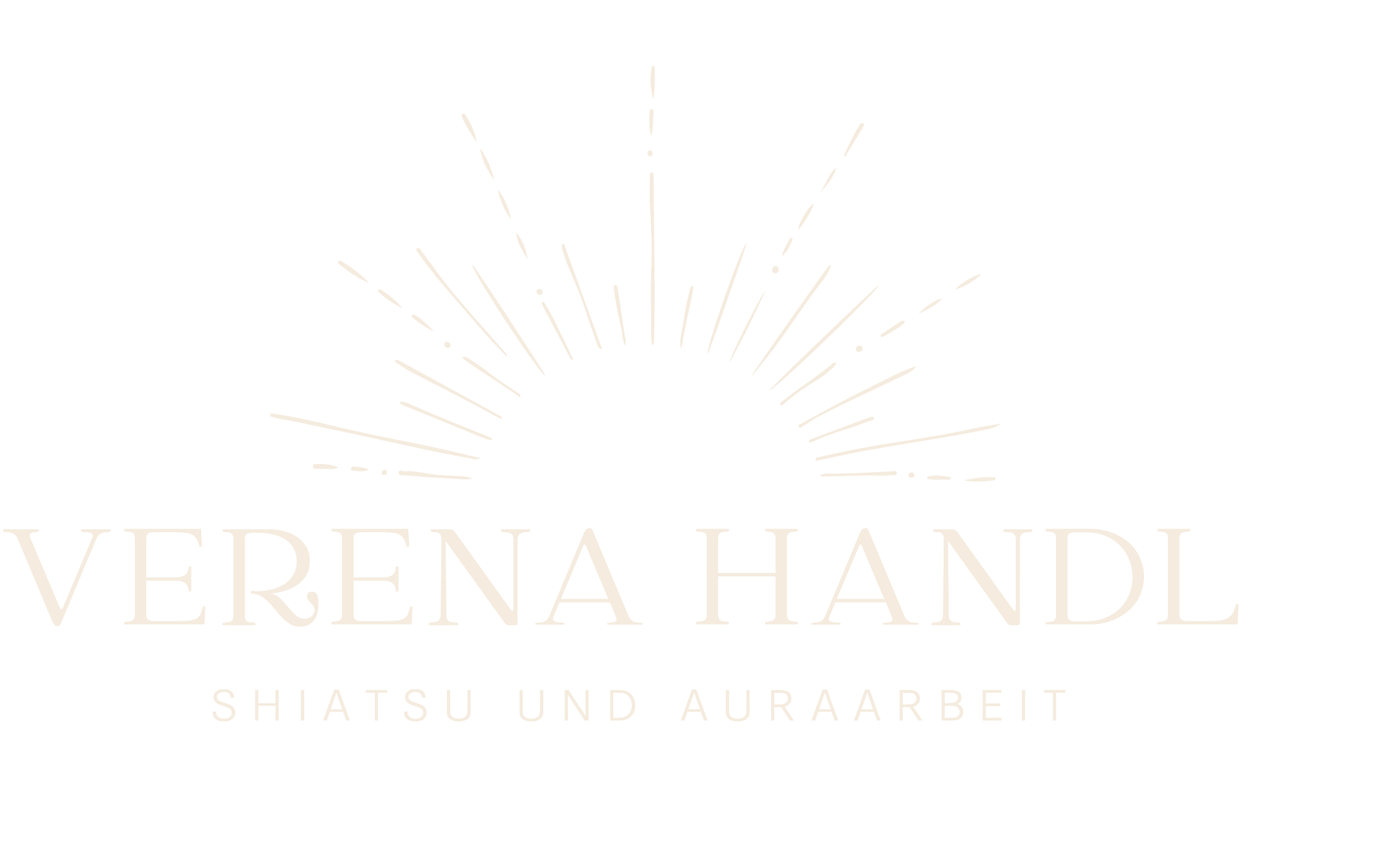 Das Logo zeigt eine stilisierte Darstellung einer Hand, die eine Explosion oder Lichtstrahlen ausstrahlt. Darunter steht in großen Buchstaben "VEREINARBEIT" und darunter in kleinerer Schrift "SHIATSU UND AURAARBEIT".