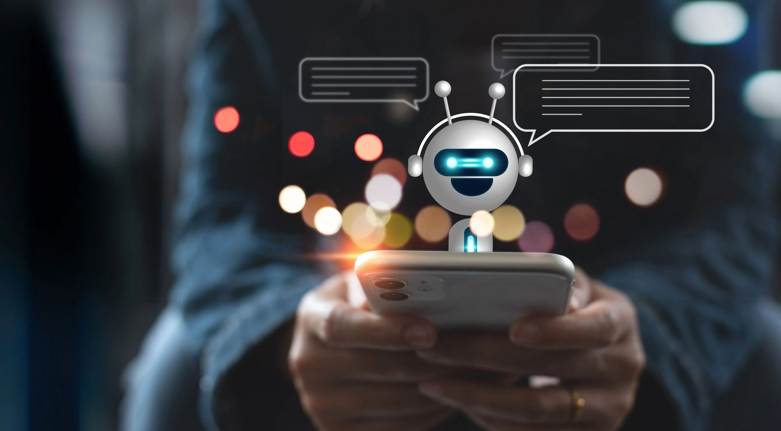 A person holding a smartphone with a digital robot face and communication bubbles over a blurred background of city lights.