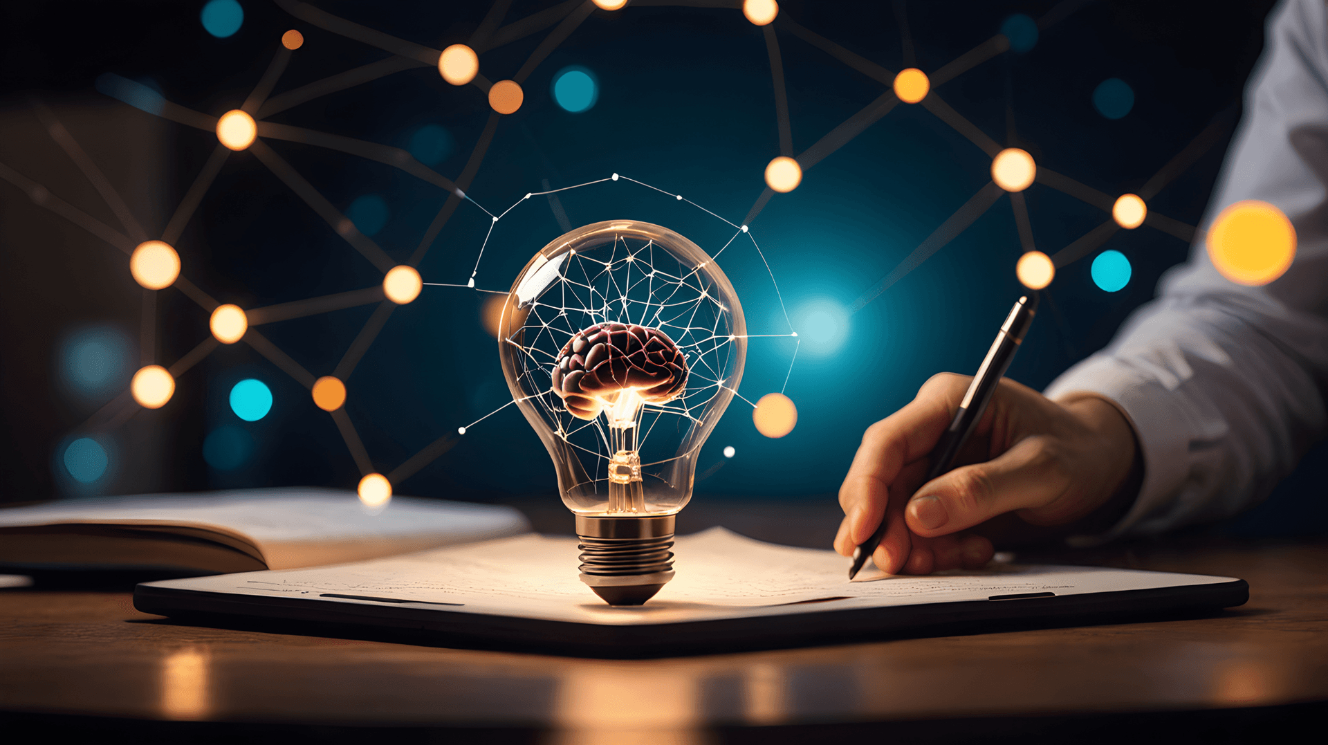 A person is writing on a notebook with a pen next to a glowing lightbulb with a brain inside, connected to a network of digital nodes and lines, symbolizing ideas and innovation.