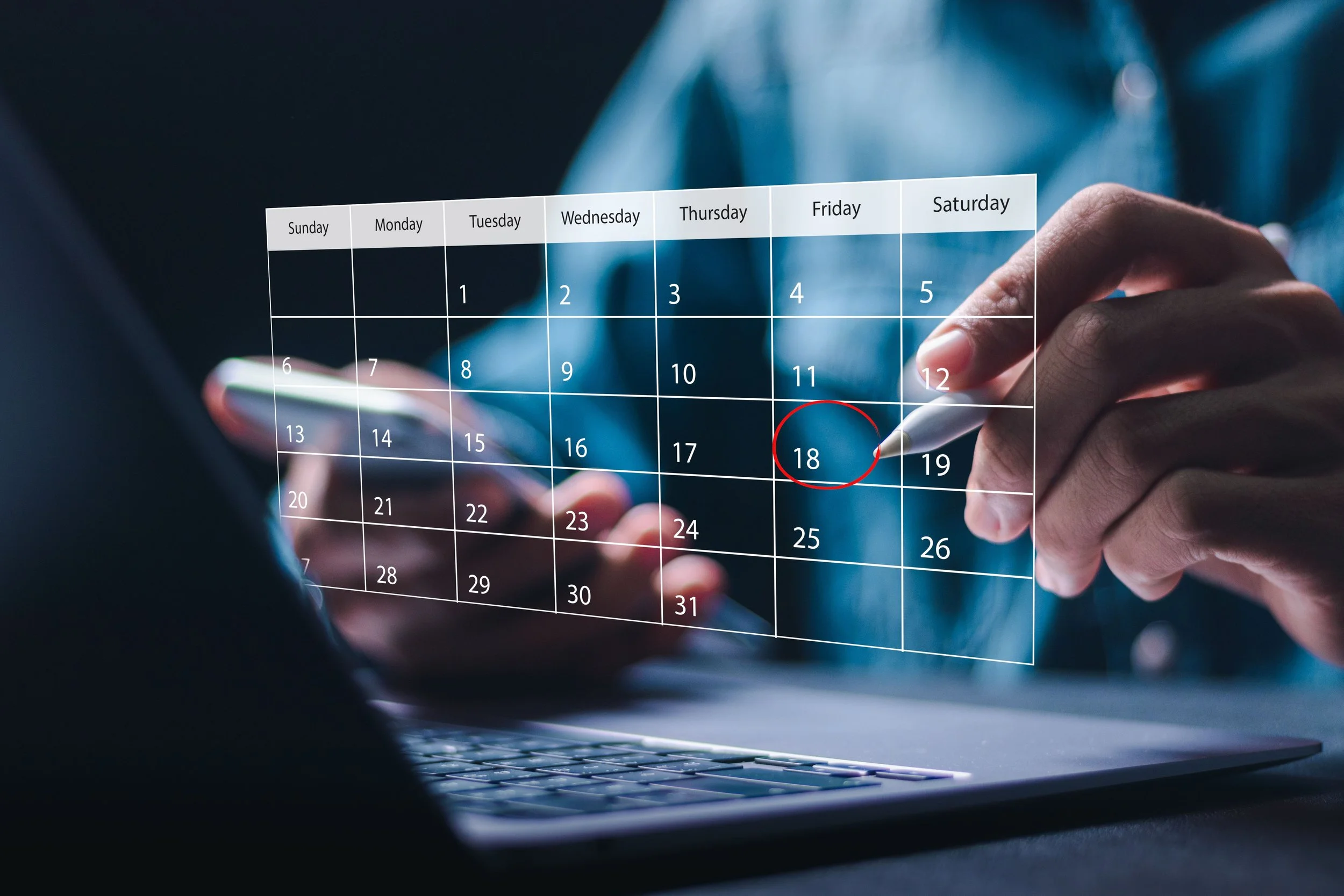 A person holding a smartphone and a digital calendar overlay showing the days of the week and dates, with the 18th circled in red.