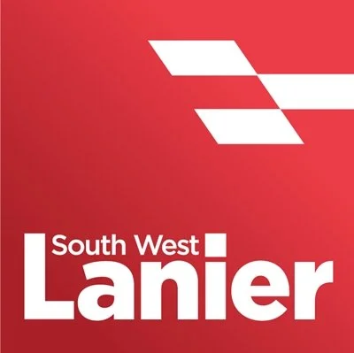 South West Lanier logo with a red background and white geometric design