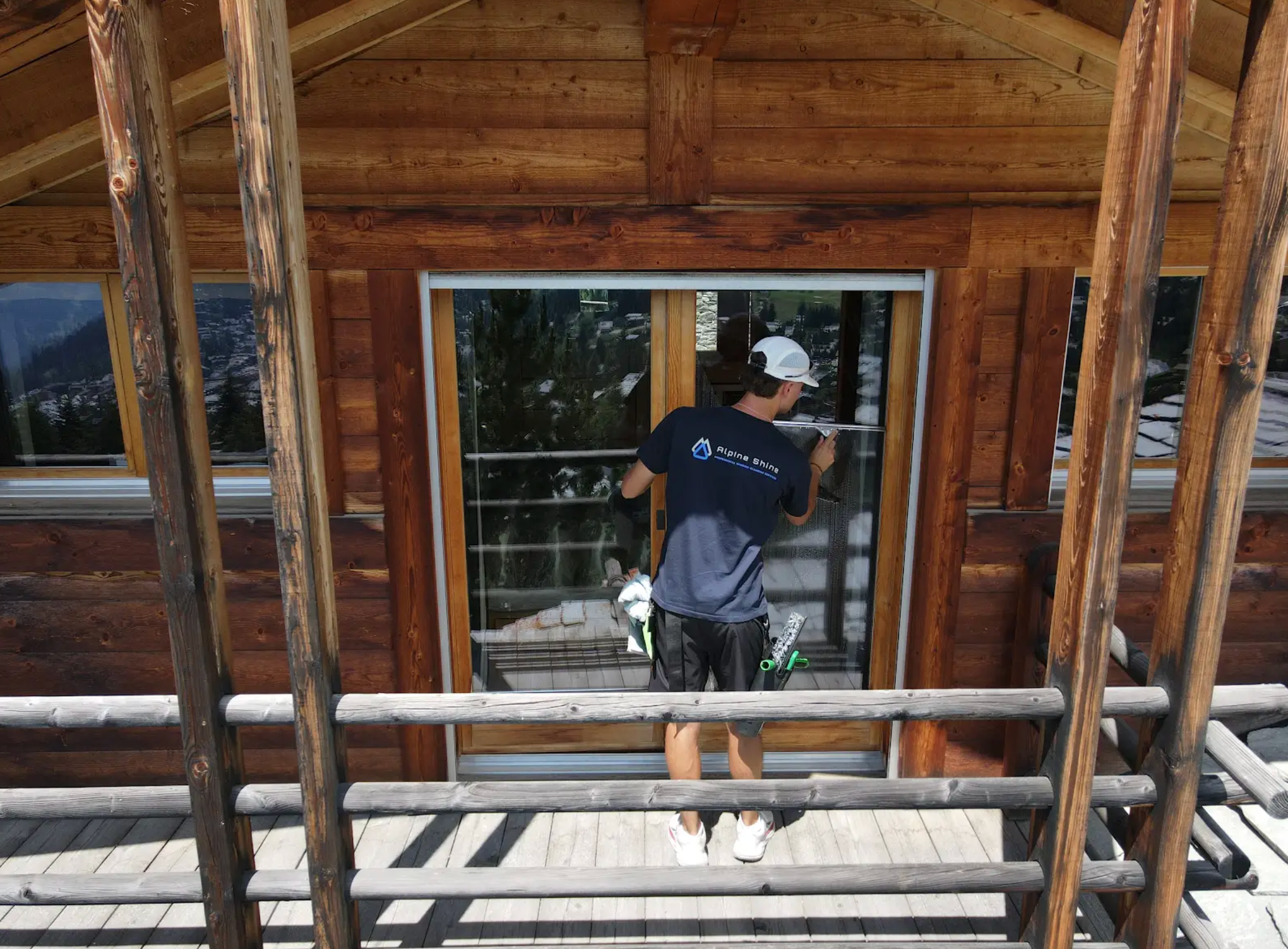 Professional window cleaning on a luxury chalet in Verbier, Switzerland by Alpine Shine