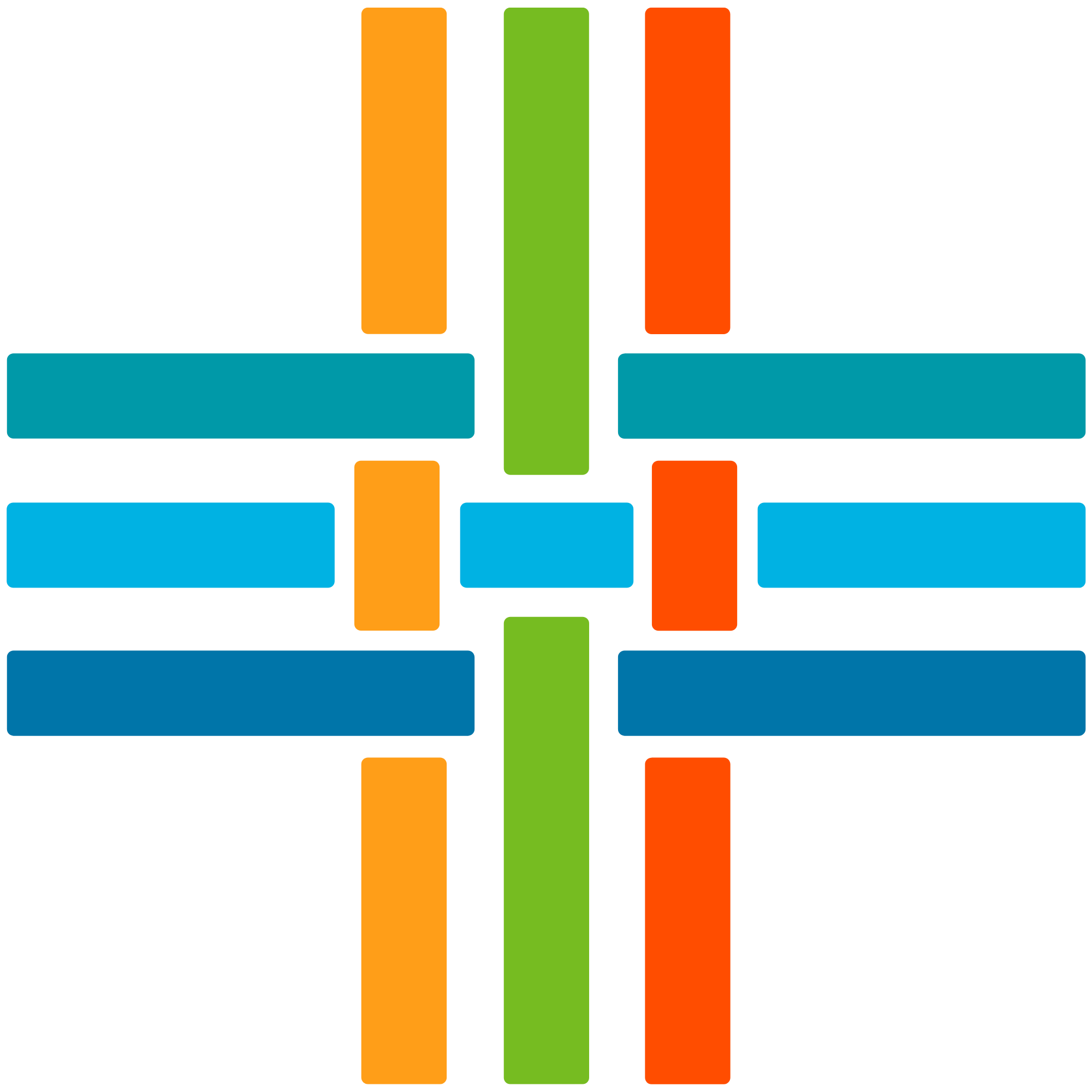 Colorful bar chart with three orange bars, two green bars, and two red bars on a black background, with blue rectangles underneath.