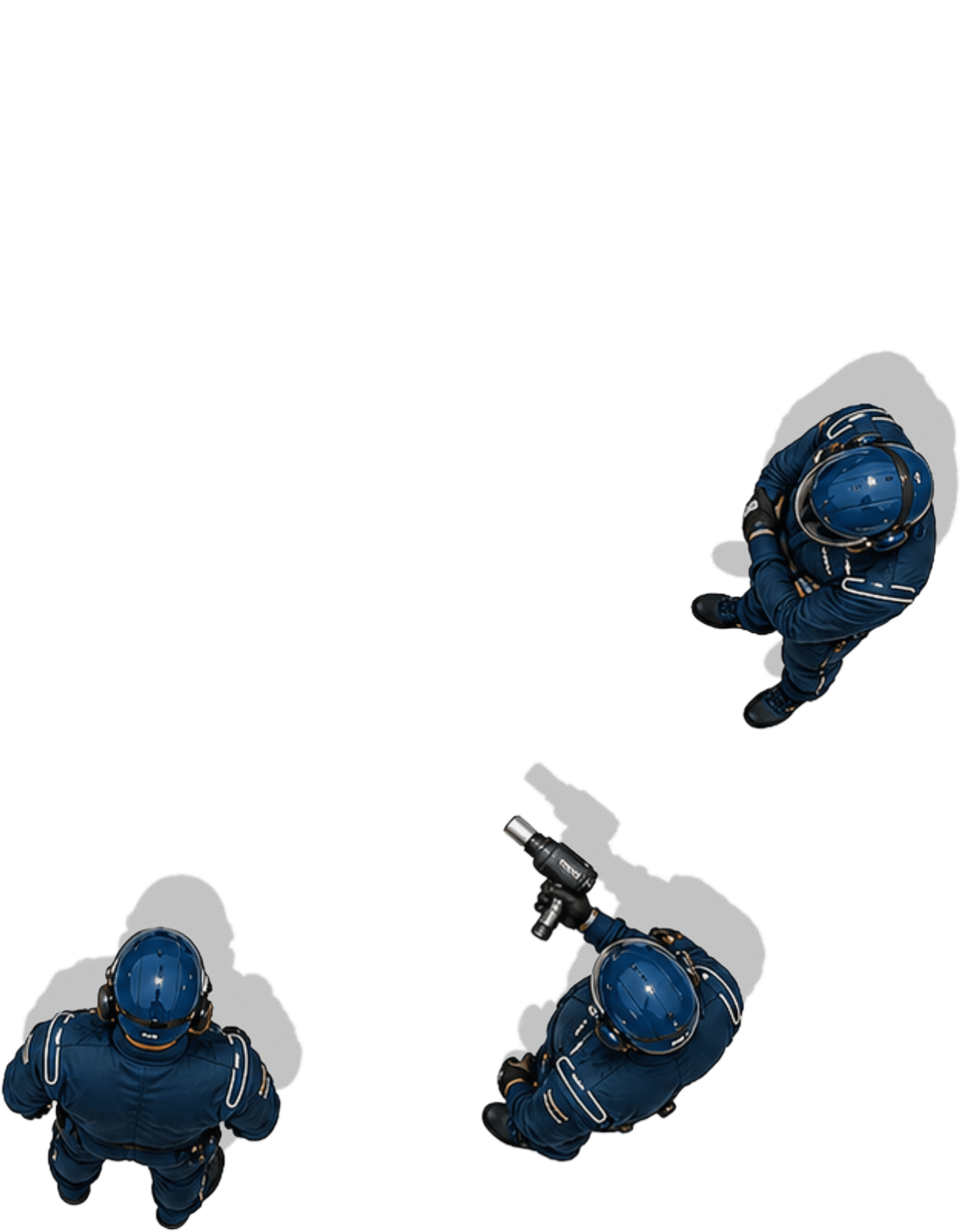 View from above of four police officers in blue uniforms and helmets, one holding a flashlight, standing in a circle and looking down at the camera.