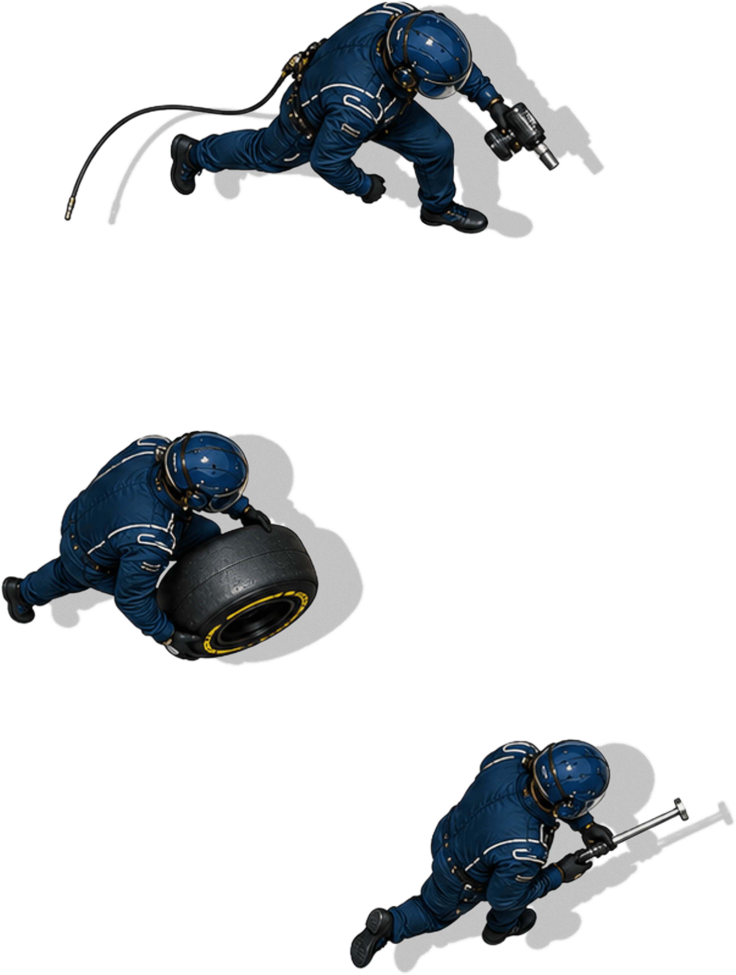 Multiple astronauts in blue space suits floating in space at various angles, some holding tools or equipment.