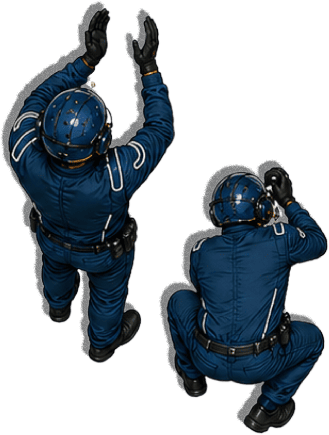 Two police officers in dark blue uniforms, helmets, and gloves, one standing and one kneeling, shown from above with a green background.