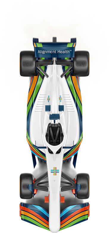Top view of a colorful race car with sponsorship and branding.