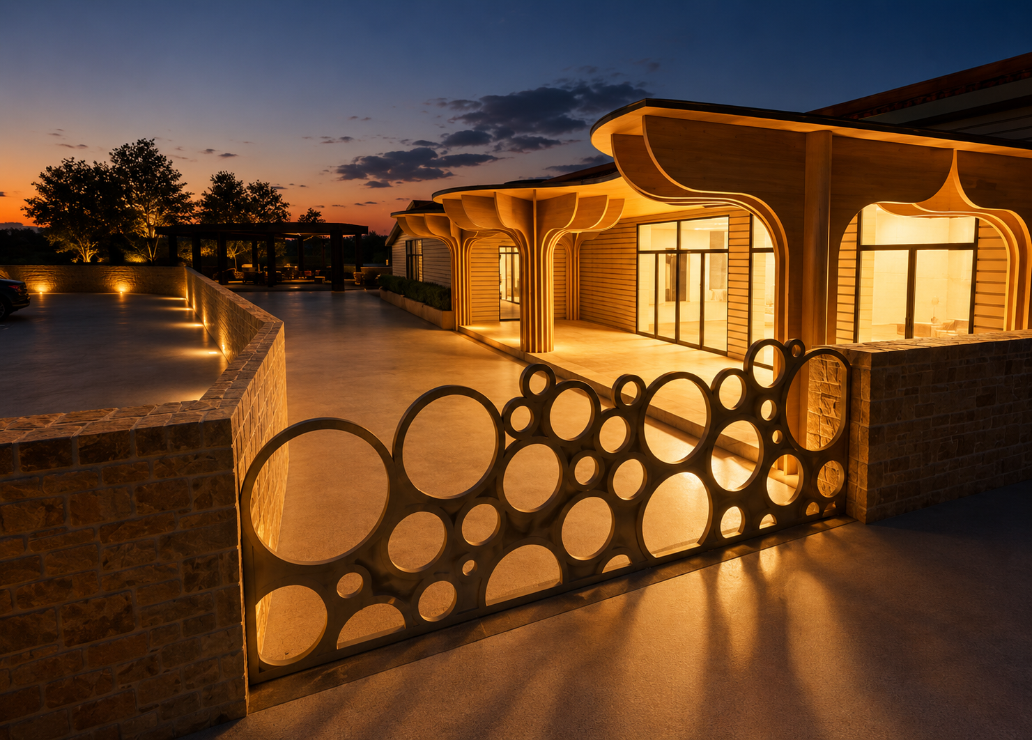 Une terrasse éclairée sous un ciel au coucher du soleil avec un bâtiment moderne en bois au style architectural unique, entourée d'une clôture en métal avec des cercles de différentes tailles.