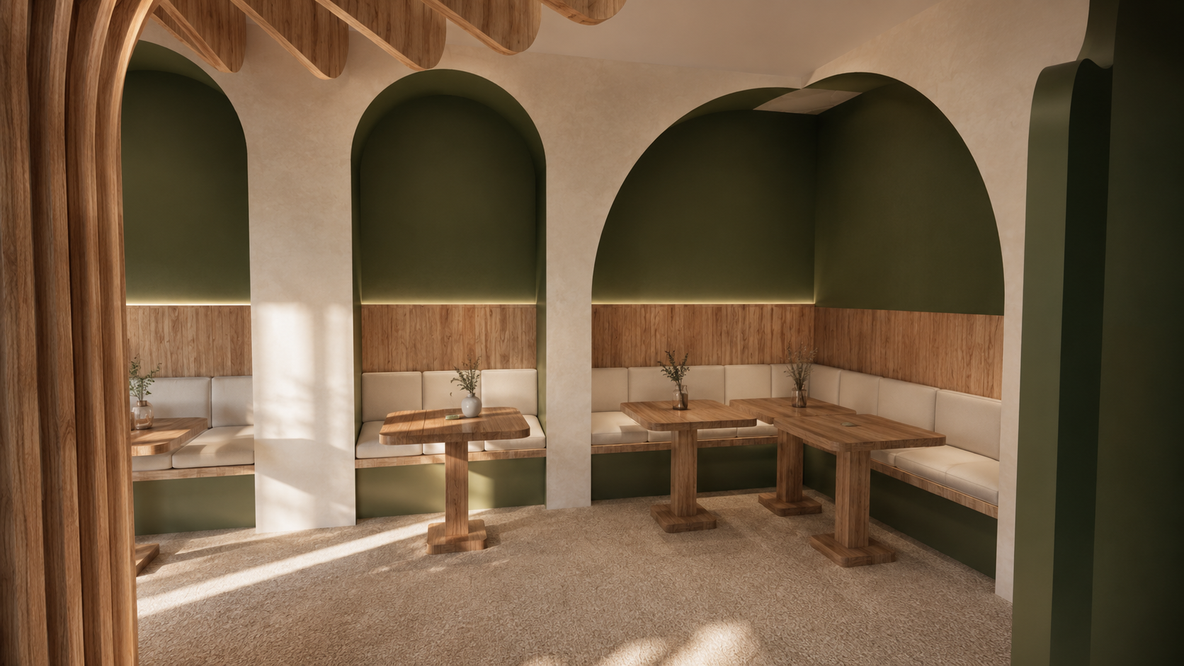 Coin salon avec banquettes en cuir blanc, murs en bois et vert olive, tables en bois massif, plantes en vase sur chaque table, ambiance chaleureuse et naturelle.