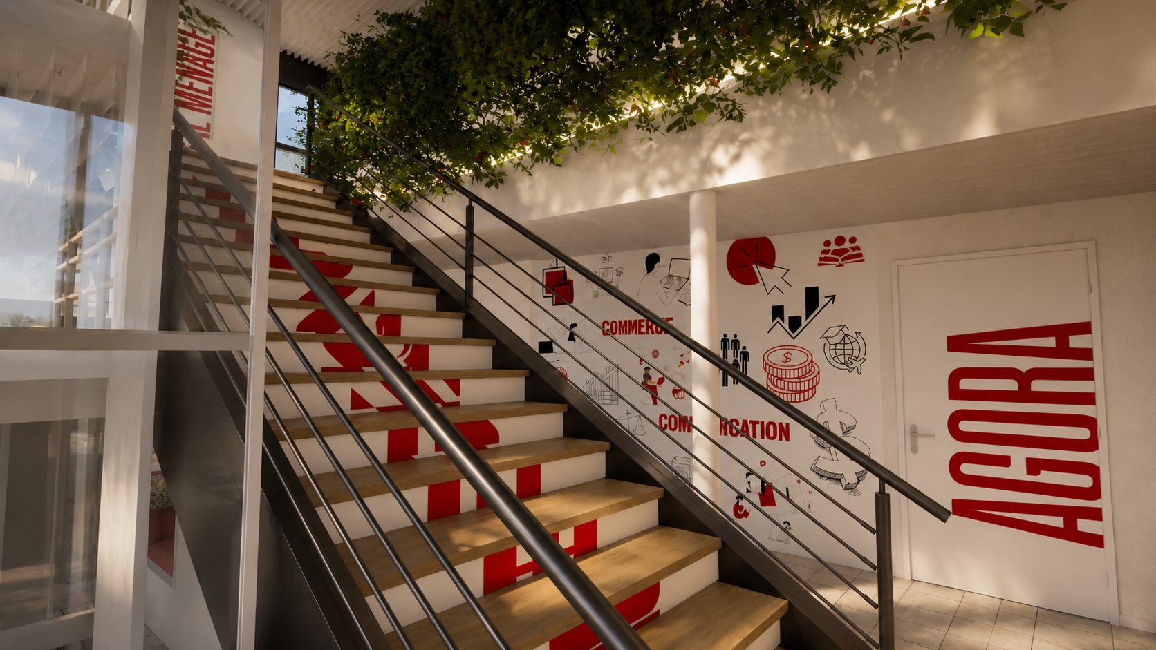 Escalier intérieur avec murs décorés de motifs liés au commerce et à la communication, peinture en rouge et noir, porte avec le mot 'ACHAT' écrit en rouge, au plafond des plantes vertes