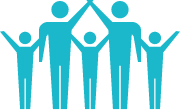 Four stylized blue human figures with raised arms, standing together.