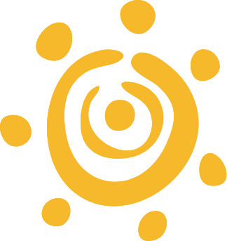 Abstract yellow spiral with surrounding dots on a black background.