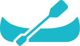 A canoe with a paddle resting inside, depicted in a simple, stylized graphic design.