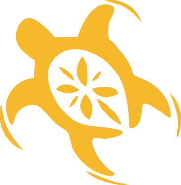 A stylized yellow turtle with a black shell featuring a floral pattern.