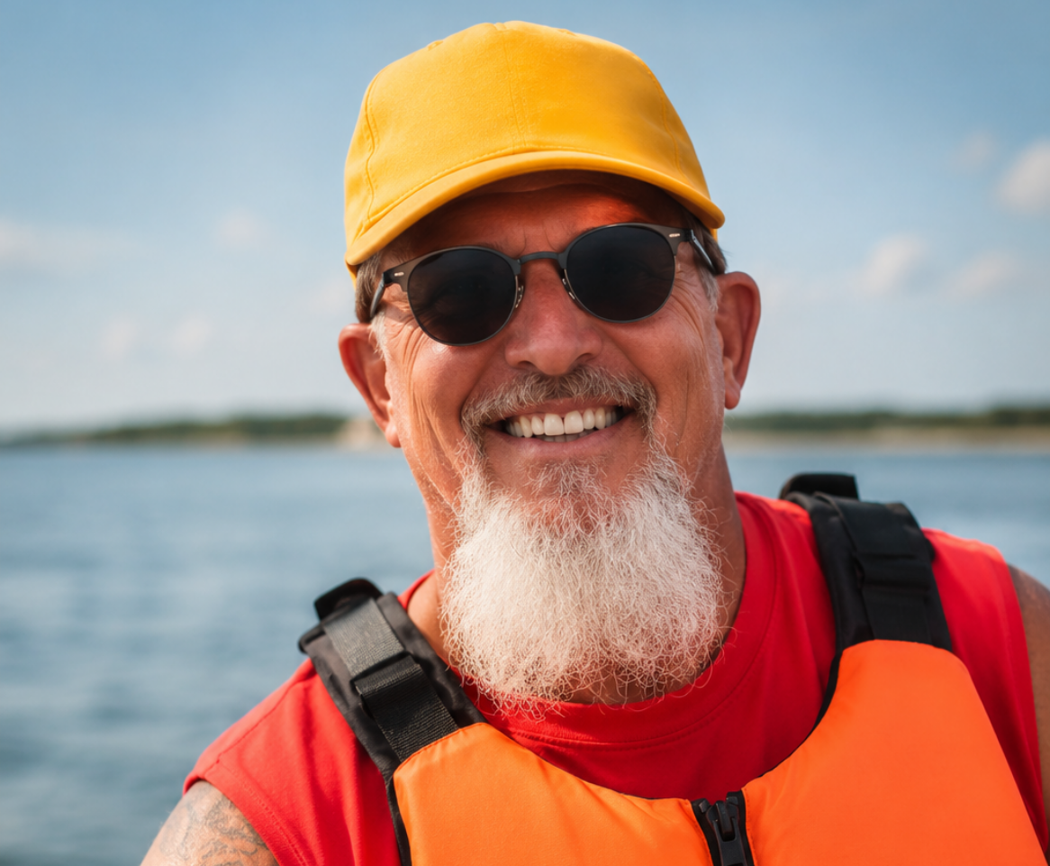 Smiling man wearing sunglasses, yellow cap, and red life jacket outdoors near water with a blurred landscape in the background.