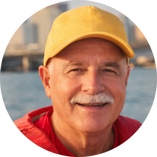 An older man with a white mustache and beard, wearing a yellow cap and a red jacket, smiling outdoors near water with a cityscape in the background.