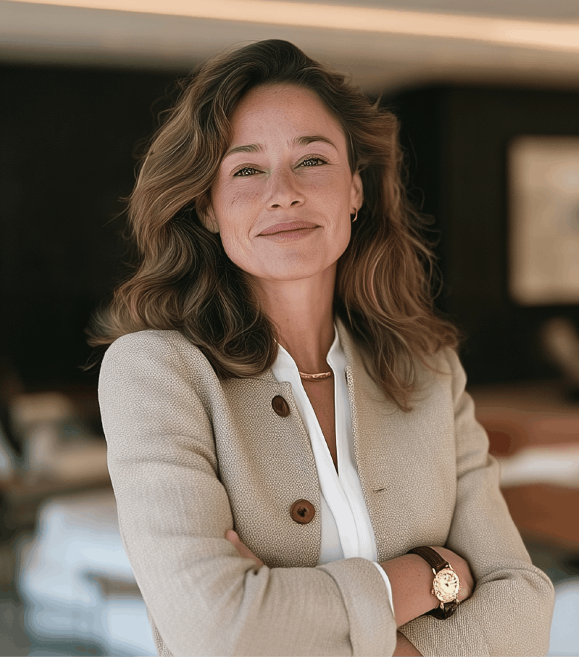 A professional headshot of a woman standing in her office with her arms crossed.