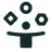 Abstract icon of a person holding multiple shapes.