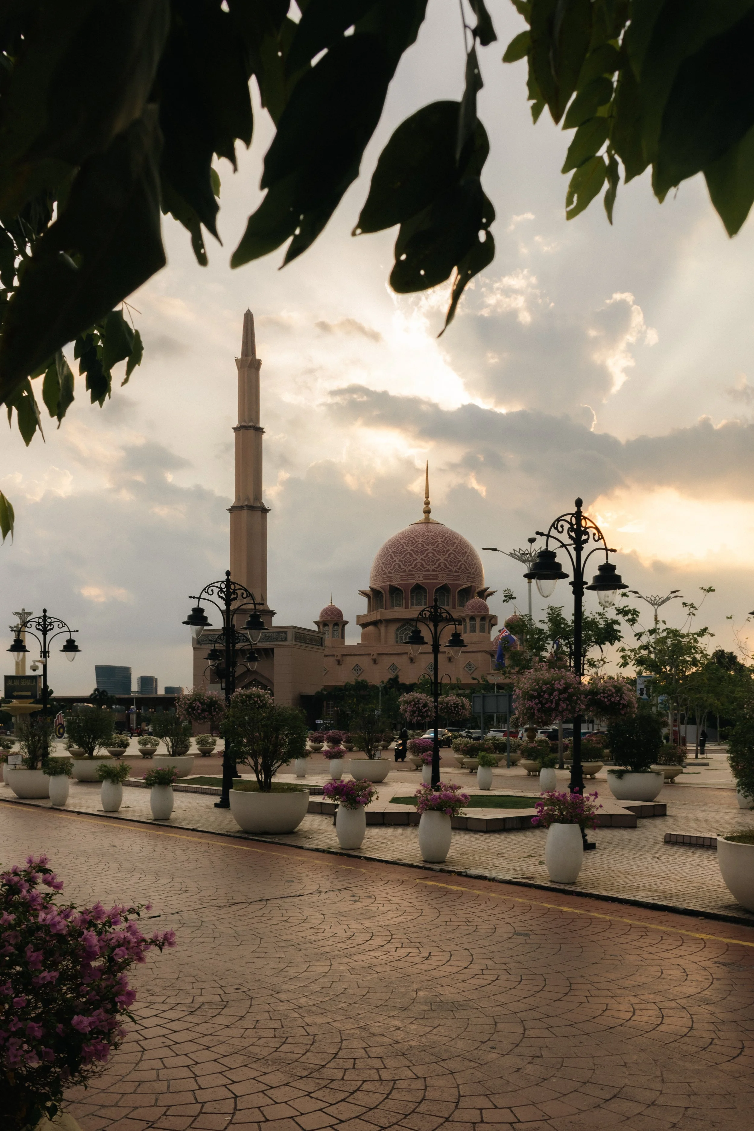 A mosque with pink domes and minarets, surrounded by decorative street lamps and potted pink and purple flowers in a public square, under cloudy skies.
