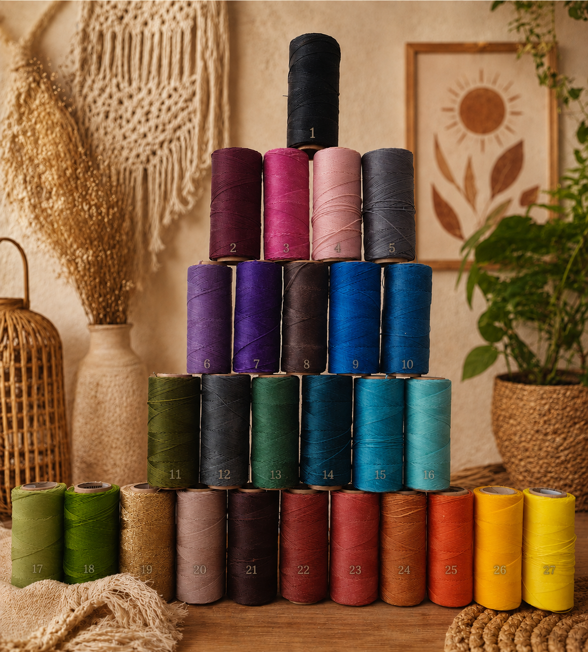 Bobines de fil multicolores organisées en pyramide dans un décor naturels avec plantes et objets décoratifs.