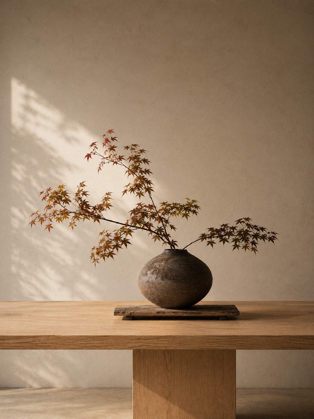 Une plante avec des feuilles rouges et vertes dans un vase en céramique posé sur une table en bois, avec un éclairage doux créant des ombres.