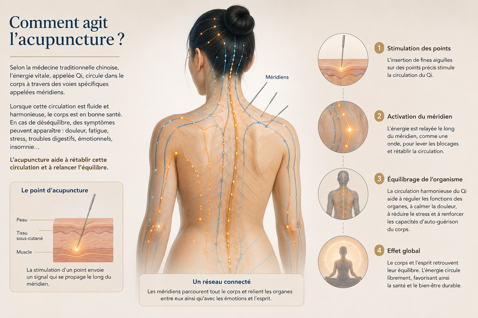 Infographie expliquant le fonctionnement de l'acupuncture avec une illustration du dos d'une femme montrant le réseau de méridiens, des points d'acupuncture, et des descriptions des étapes : stimulation des points, activation du méridien, équilibre de l'organisme et effet global.