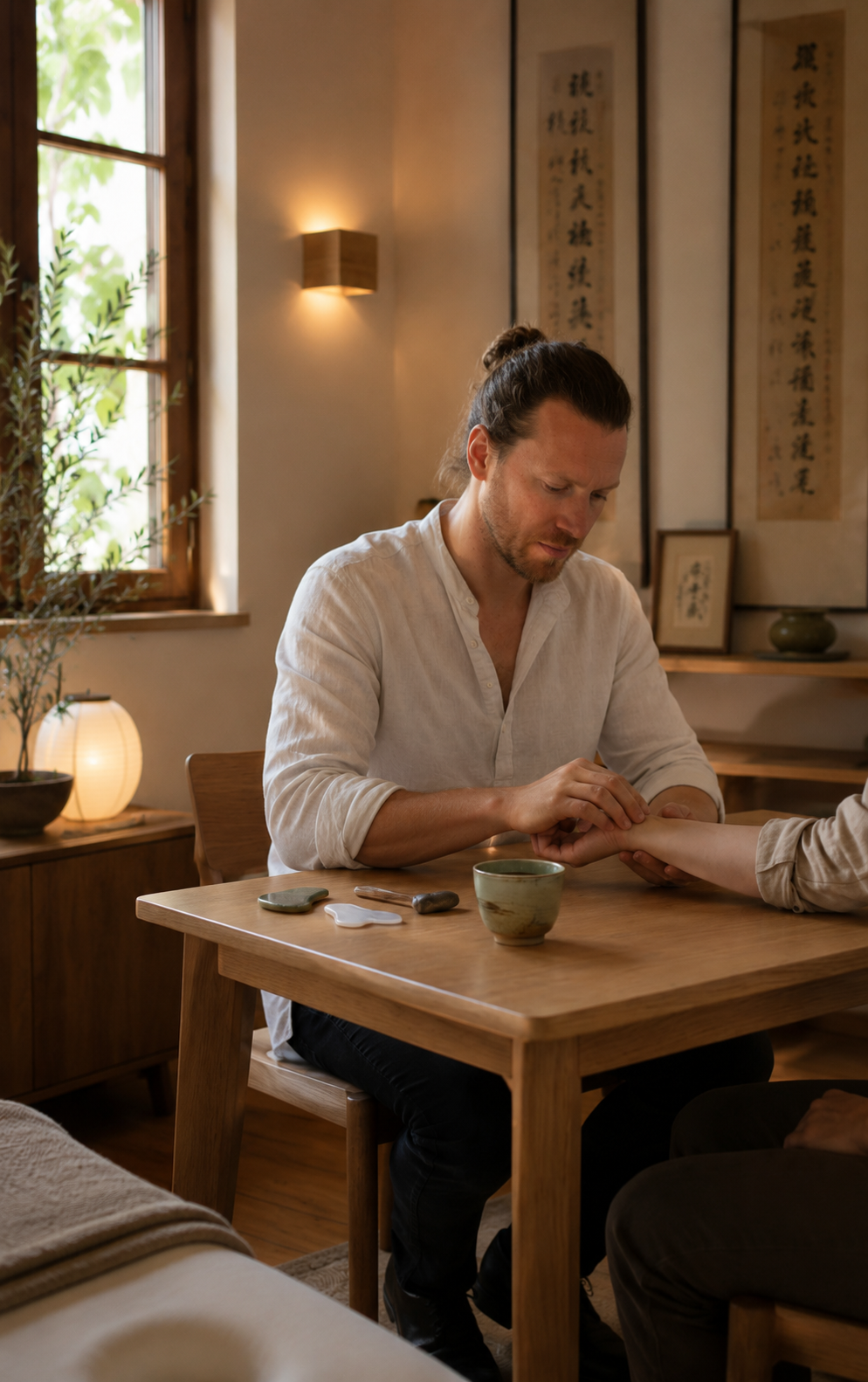 Consultation de médecine traditionnelle chinoise dans un cabinet d'acupuncture à Versoix. Échange avec le patient dans un environnement calme et chaleureux.