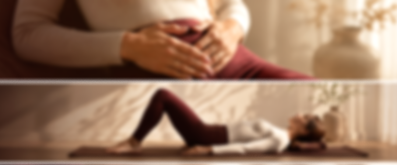 A pregnant woman is sitting on a bed with her hands on her belly in the top part of the image, and the same woman is doing a yoga pose on a mat in the bottom part of the image.