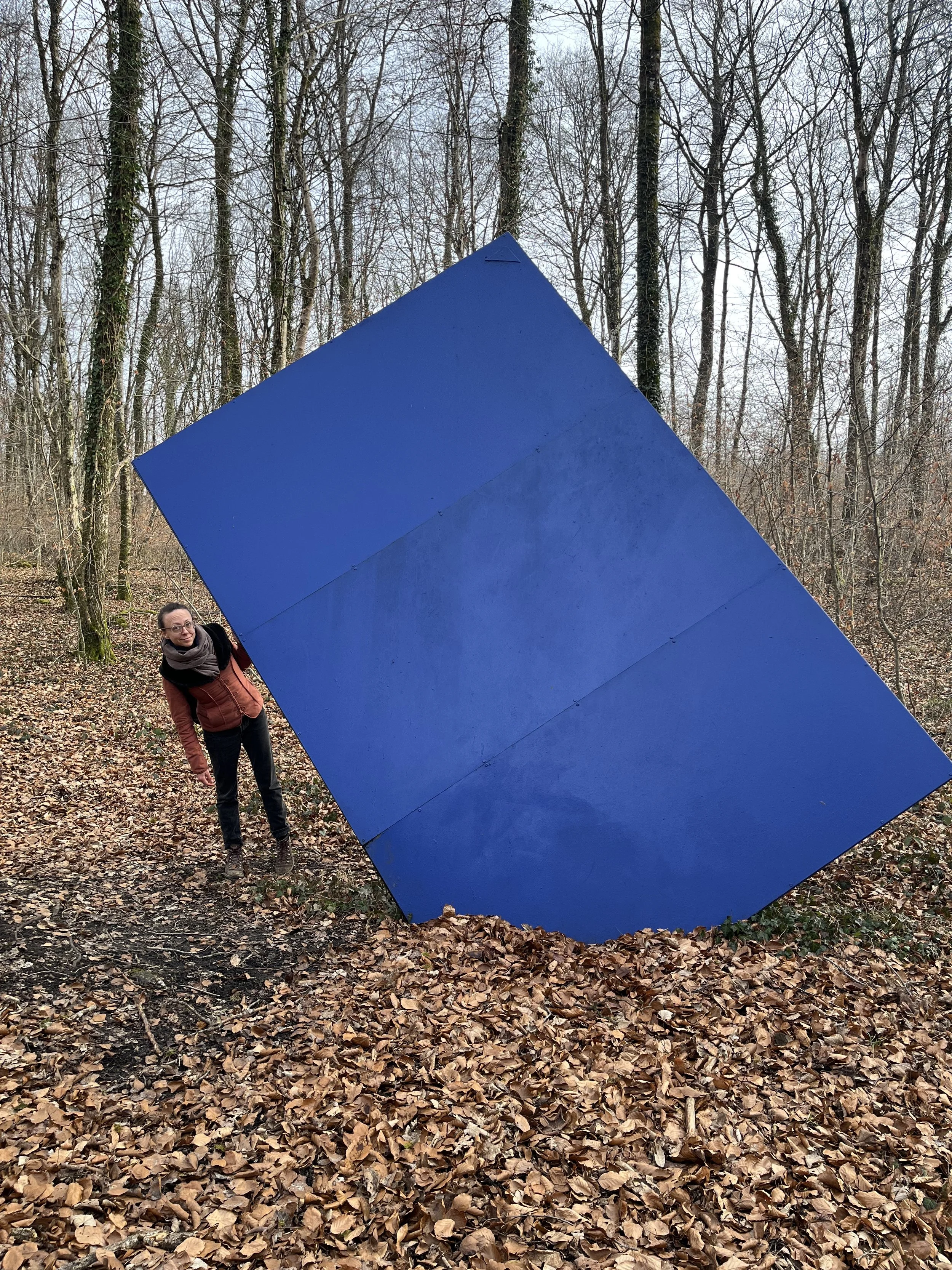 Tammy Mayer in the woods next to a large blue contemporary art sculpture.