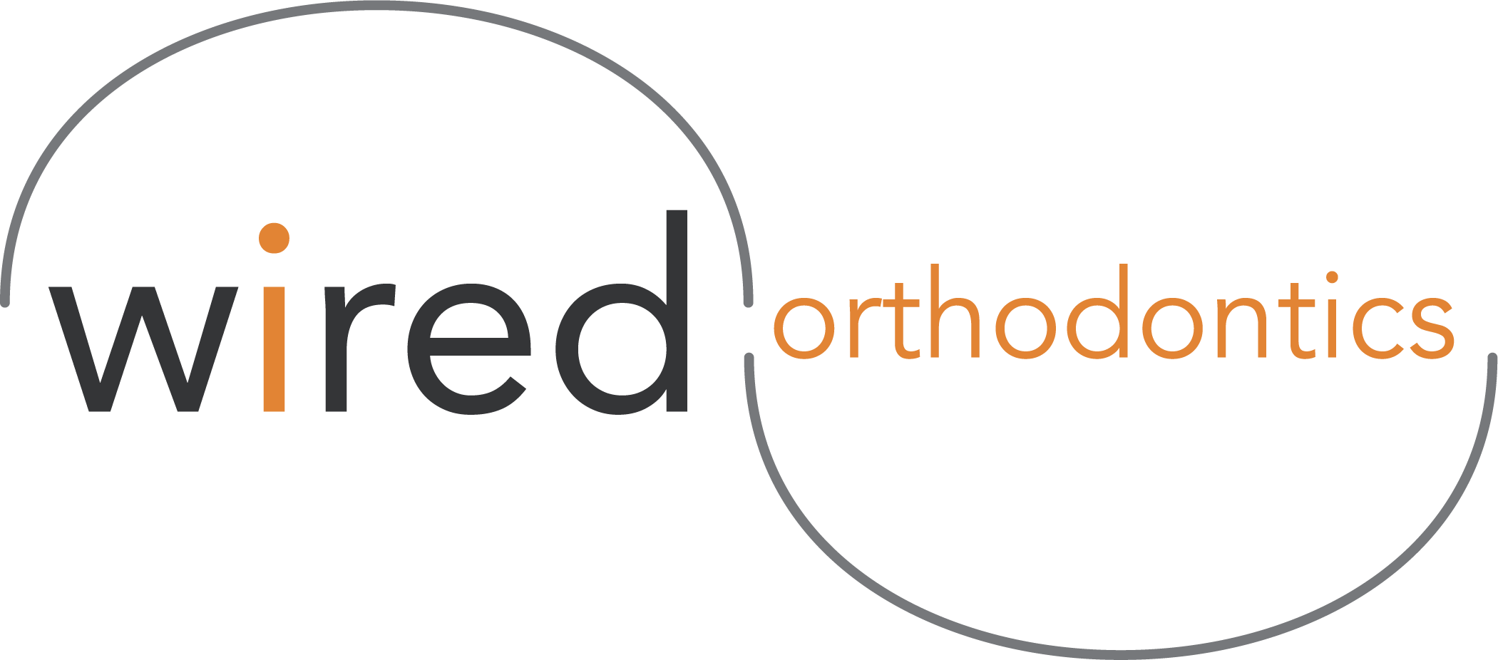 Wired Orthodontics logo with the word 'wired' in gray and orange, and 'orthodontics' in orange, encircled by a gray curved line.