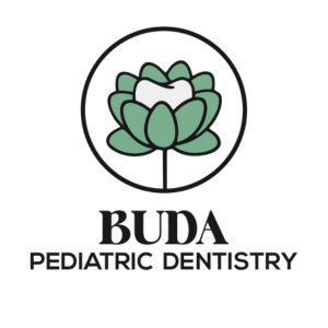 Logo of Buda Pediatric Dentistry featuring a stylized lotus flower and text.