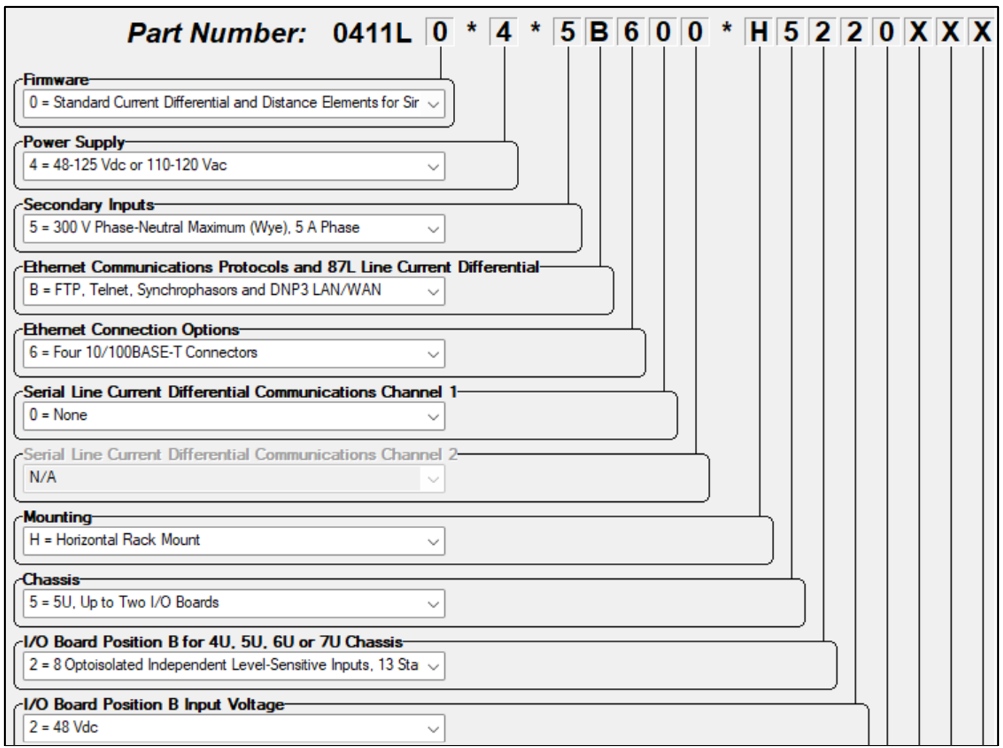 A configuration form for a remote terminal unit (RTU) with options for firmware, power supply, secondary inputs, Ethernet protocols, connection options, serial communication channels, mounting, chassis, and I/O board preferences.